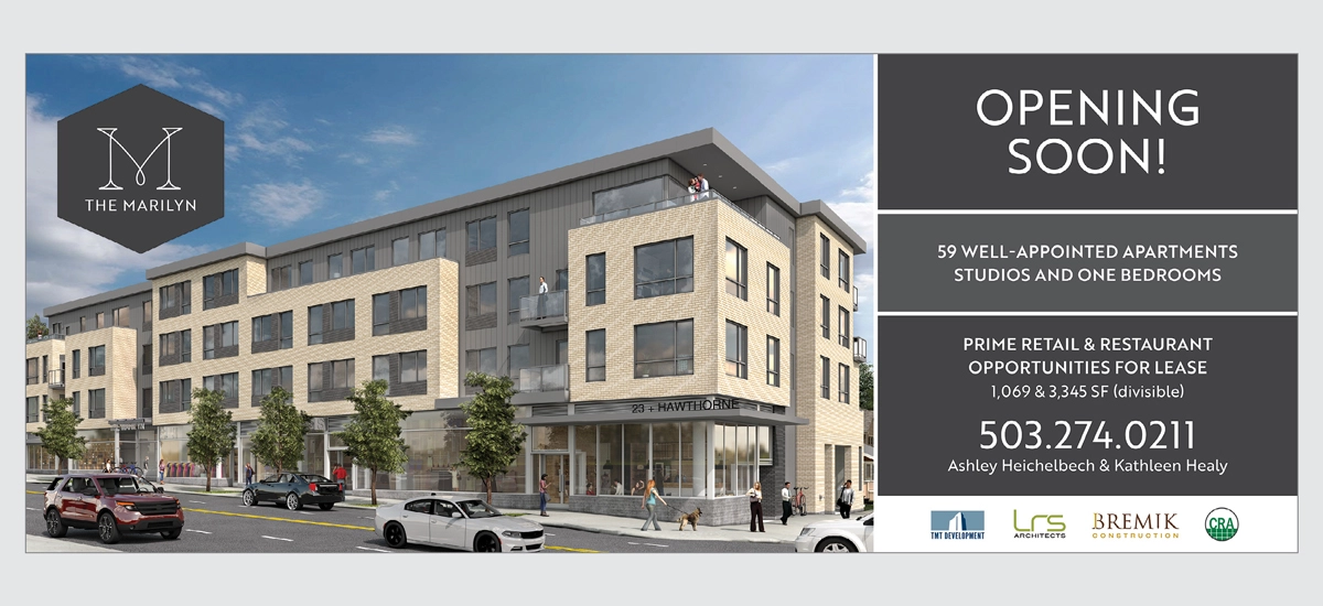 The Marilyn construction sign installed on‑site, promoting upcoming apartments, studios, and one‑bedroom units, created by Priscilla Creative, a Portland, Oregon design agency.
