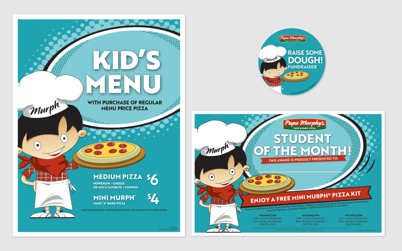 Papa Murphy’s Mini Murph for kids design set featuring poster, award, and button designs, created by Priscilla Creative, a Portland, Oregon design agency.
